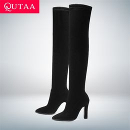 QUTAA Women Over The Knee High Boots Slip on Winter Shoes Thin Heel Pointed Toe All Match Size 34-43 211104