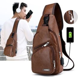 Fashion pu shoulder packet men usb charge chest bag outdoor travel storage pack business cross body bags multifunction sport bags