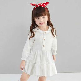 Girl Kid's Dress White Toddler Baby Button Autumn Cotton Linen Vestidos Long Sleeve Solid Party Casual Children's Clothes 1-5Y G1026