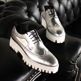 Silver Carved Brogue Loafers Full Grain Leather Handmade Thick heel Platform Mens Wedding Dress Shoes