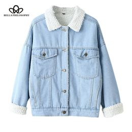 Bella Philosophy Winter Fur Denim Jacket Women Bomber Jacket Long Sleeve Washed Blue Jeans Jacket Coat Warm Lining Front Button T200319