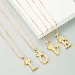 Pendant Necklaces Zirconia 26 English Letters Crown Necklace Brass Plating Micro-encrusted Female Collarbone Chain Gift For Women Girl