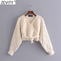 Zevity Women Vintage Cross V Neck Twist Crochet Short Knitting Sweater Femme Chic Hem Bow Tied Casual Cardigans Tops S685 210914