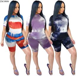 CM.YAYA Casual Tie Dye Print Women Two Piece Set Tee Tops Shorts Jogger Sweatpants Suit Tracksuit Matching Set Fitness Outfits 210709