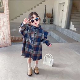 Spring Style For 2021 Fashionable Grid Dress Personality Medium Length Shirt Pure Cotton Lotus Leaf Edge Girls Children Clothes Q0716