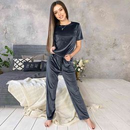 HiLoc Blue Velvet Sleepwear Winter Warm Home Suit Sets Female Pyjamas Loose Pants Ribbon Knit Short Sleeve Two Piece Set Lounge 211109