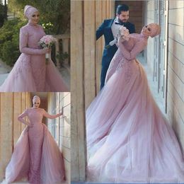 Blush Pink Muslim Dresses Mermaid With Overskirt Tulle Lace Applique High Neck Custom Made Wedding Gown Vestido De Novia