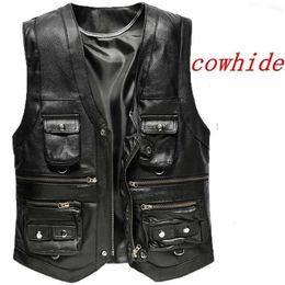 Cowhide Genuine Leather Vest Men Brown Waistcoat Male Sleeveless Jacket Thick Motorcycle plus size Vest Multi Pocket Zipper 211104