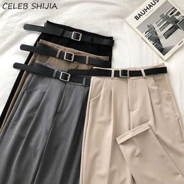 Spring Gray Pants Woman with Belt High Waist Elegant Straight Leg Office Lady Business Chic Baggy Trousers Clothes 211115