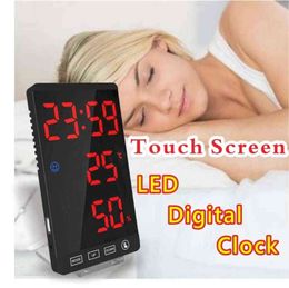 LED Mirror Alarm Clock Touch Button Wall Digital Clock Temperature Humidity Display USB Port Decorative Table Electronic Clock 211112