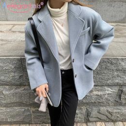 Aelegantmis Vintage Korean Fashion Women Wool Blazer Coat Office Lady Female Warm Woolen Blzer OL Suit 210607