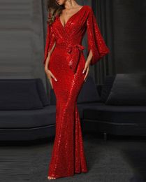 Sparkly Sequined Red Evening Dresses with Deep V Neck Pleats Long Sleeves Mermaid Prom Dress Dubai African Party Gown Arabic Even Dress