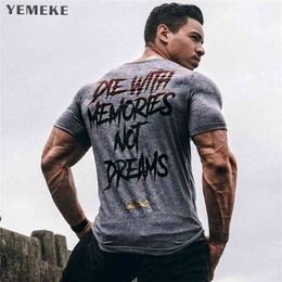 YEMEKE Men Short Sleeve Cotton t-shirt Summer Casual Fashion Gyms Fitness Bodybuilding T shirt Male Slim Tees Tops Clothing 210716