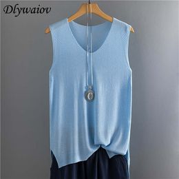 Top Women Summer Sleeveless Knit Sexy Tank Rib Vest Female Elasticity Casual Loose Plus Size Camisole V Neck Split Tops 210308