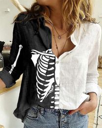 Women Casual Autumn Turn-down Collar Buttoned Skeleton Blouse Halloween Figure Print Colorblock Shirt 21302