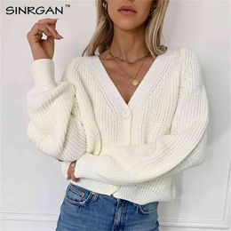SINRGAN Relaxed Knitted Cardigan Casual Look Autumn Winter Sweater Lantern Sleeve Button Top 210914