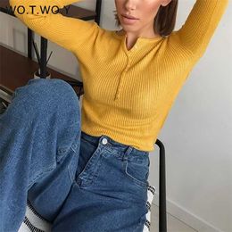 WOTWOY Buttons-up Ribbed Knitted Sweater Women Basic Solid Slim Fit Autumn Winter Pullovers Female Casual Jumper Knit Tops 211007