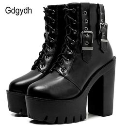 Gdgydh Spring Autumn Black Ankle Boots For Women Nightclub High Heels Shoes Gothic Belt Buckle Korean Thick With Short Boots Y0914