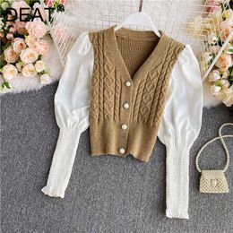 DEAT Autumn Loose Fashion V-neck Lantern Sleeve Patchwork Knitted Cardigan Women Office Lady Short Sweater RC200 210709