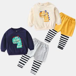 Autumn Spring 2 3 4 6 8 Years Cotton Handsome Cartoon Sweatshirt+ Striped Pants 2 Pieces Sports Set For Kids Baby Boys 210529
