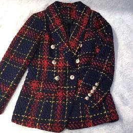 Autumn Winter 2021 Runway Designer Women Red Plaid Jacket Double Breasted Lion Metal Buttons Tweed Wool Outer Coat Clothes