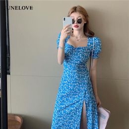 JuneLove Midi Dress Women Elegant Korean Vintage Short Sleeve Summer Split Beach Holiday Dress Party Square Collar Boho Vestidos 210309