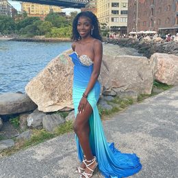 Colorful Prom Dresses Mermaid Beading O Neck Sleeveless Split Sweep Train Plus Size African Black Girl Party Cocktail Gowns