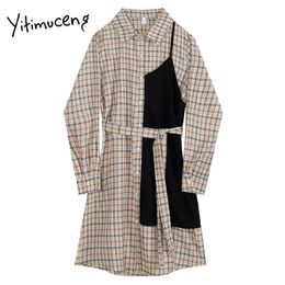 Yitimuceng Plaid Fake 2 Pieces Patchwork Dresses Women A-Line Spring Single Breasted Korean Fashion Clothes Office Lady 210601