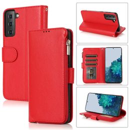 Wallet Phone Cases for Samsung Galaxy S22 S21 S20 Note20 Ultra Note10 Plus Microfiber Leather Flip Kickstand Cover Case with Zipper Coin Purse