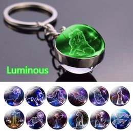 Fashion 12 Constellation Luminous Keychain Glass Ball Pendant Zodiac Keychain Glow In The Dark Key Chain Holder Men Women Birthday Gift