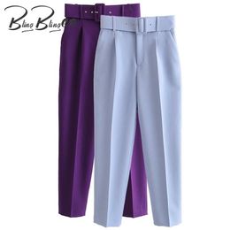 BlingBlingee ZA Women Blue Trousers Office Lady High Waist Straight Elegant Career With Belt Casual Ankle Length Suit Pants 210925