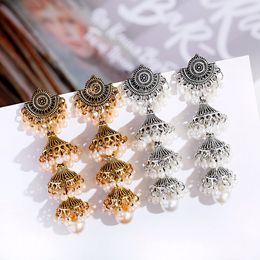 2021 Women's Gold Carved Bells Earrings Bijoux Vintage Bohemia Pearl Beaded Tassel Long Earrings Ethnic Tribe Indian Jewelry