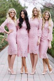 Pink Color Sheath Lace Bridesmaid Dress Jewel Neck Long Sleeves Spring Summer Wedding Guest Maid of Honor Gown Custom Made Plus Size