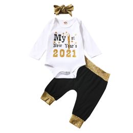 2021 My 1st New Year Newborn Baby Boy Girl Long Sleeve Cotton Bodysuit Tops Gold Sequins Long Pant Headband 3PCS Clothing Set 210309