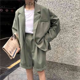 Vintage Fashion 2 Piece Outfit Solid Casual Blazers High Waist Suit Short Pants Lady Sets Streetwear 210721