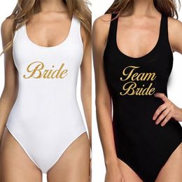 Swimwear Women Swimsuit Team Bride Glitter Gold Print Bathing Suit Monokini Bodysuit Bachelor Party 210712