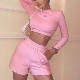 Women Long Sleeve Tracksuits two Piece Set Autumn Sweatshirt and Shorts Suits Casual Loose Two Piece Outfit Solid Streetwear Set Y0625