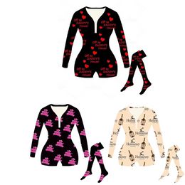 Pajamas Home Wear Printed Jumpsuits Woman Clothing Fashion Sexy Romper Shorts Bodycon with Socks Wholesale Items K8697