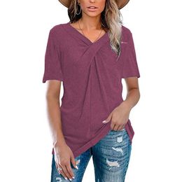 Summer Solid Colour T-shirt With Cross-knot On Chest Womens Tops And Blouses Casual Loose V-neck All-match Oversized T Shirt 210608
