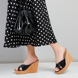 Slippers 2021 Black Sexy Super 11CM High Heels Platform Wedges Cross-tied Modern Women Sandals Mules Shoes