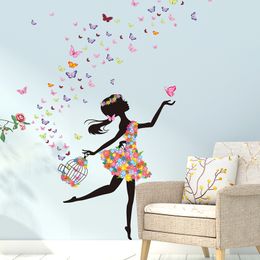Fairy Girl Wall Stickers DIY Butterflies Flowers Mural Decals for Kids Room Baby Bedroom Home Decoration 210308