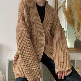 WOTWOY Autumn Winter Casual Oversized Knitted Cardigan Women Button V-Neck Loose Sweater Coats Female Korean Long Sleeve Jumper 211007
