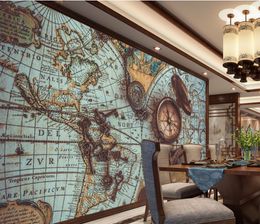 Custom wallpaper 3d decorative painting retro world map pocket watch background wall papers home decor papel de parede