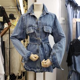 Autumn Turn-down Collar Jeans Jacket With Belt Casual Denim Outwear Vintage For Women Long Sleeve Loose Coat 210531