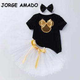 Summer Baby Girls 2-pcs Sets Cartoon Stars Letter Bow T-shirt + Tutu Skirt Headwear Outfits Children Jumpsuit E7825 210610