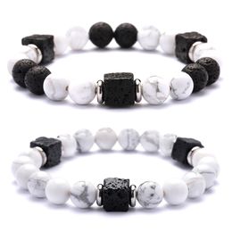 Square Volcanic Stone White Pine Bracelet Fashion Black and White Couples Bracelet Quality Jewelry