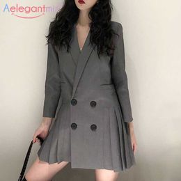 Aelegantmis Office Lady Casual Long Sleeve Women Blazer Dress Autumn Black Grey Preppy Style Student Mini Pleated Dresses 210607