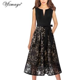 Vfemage Womens Autumn Long Sleeve Front Zipper Pockets Casual Work Business Office Party Fit and Flare Skater A-Line Dress 671C 210303
