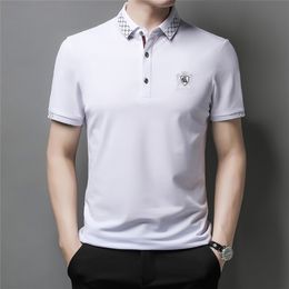 BROWON Summer T Shirt for Men Embroidery Short Sleeve Soft Breath Tops Fit Turn-down Smart Casual Work Clothing 210714