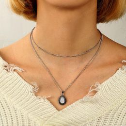 2021 New Vintage Women Chokers Necklace Opal Water Drop Pendant Multilayer Necklace Silver Necklace Fashion Jewellery